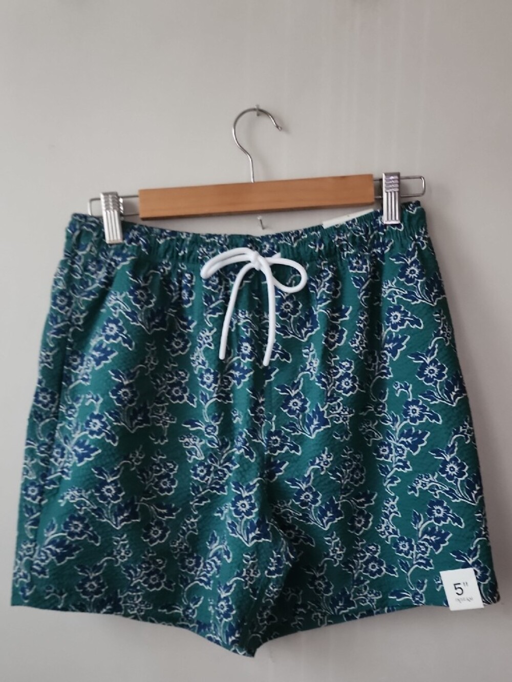 Men's Teal Floral Swim Trunks with White Drawstring - Picture 10 of 12
